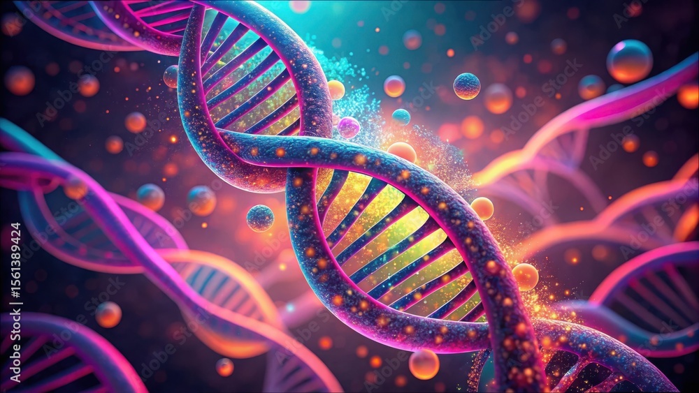 Poster floating particles in neon tones of a vibrant dna structure design