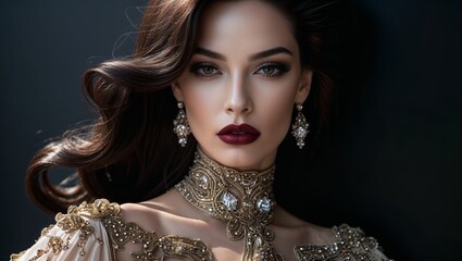 Elegant woman in an evening gown with luxurious jewelry, exuding glamour and confidence.