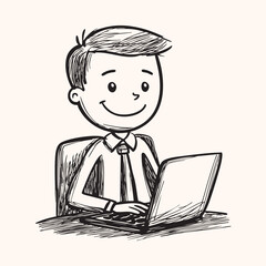 a happy man working in laptop cartoon sketch line art portrait black vector isolated on white background