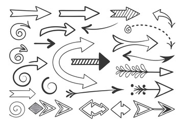 Black Hand-Drawn Arrows in Vector Sketch Style Featuring Circular and Zigzag Lines for UI Navigation Templates, Infographic Graphics, and Creative Presentation Designs.

