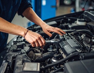 Obraz premium Close-up of mechanic hands repairing a car engine in a garage workshop