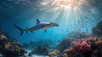 Obraz premium Side view of a powerful hammerhead shark gliding gracefully through