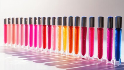 Naklejka premium Row of colorful lip glosses in clear tubes
