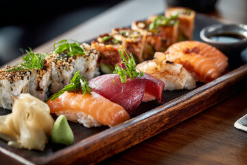 Sushi Platter styled on a dark bamboo tray.