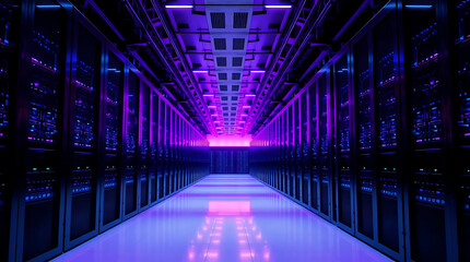 Fototapeta premium Modern data center with illuminated server racks in a secure server room with blue LED lighting 