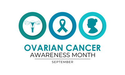 Ovarian Cancer awareness month is observed every year in September. A concept for healthcare and medicine. Realistic Teal Ribbon and ovaries. Creating for web banner, cards, prints, social media.