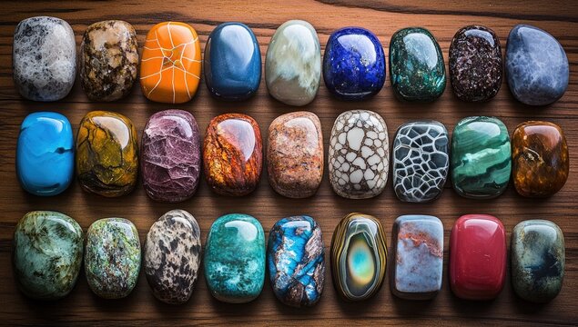 Polished stones in a variety of colors and patterns, arranged in rows on a wooden surface - Powered by Adobe