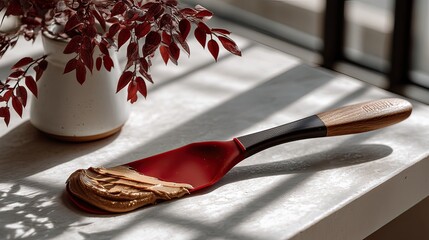 Red spatula with peanut butter, kitchen counter, sunlight