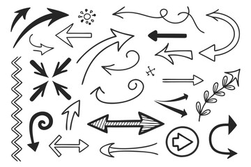 Hand-Drawn Arrow Icons in Sketch Vector Style. Black Circular, Curved, and Zigzag Designs for Infographic Layouts, UI Navigation Graphics, and Creative Presentations.

