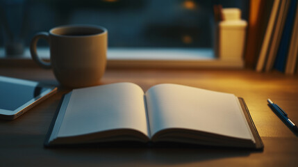 Fototapeta premium Open blank notebook with mug on desk at night
