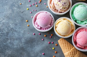 Soft focus on melting colorful ice cream in bowls, cones lying beside