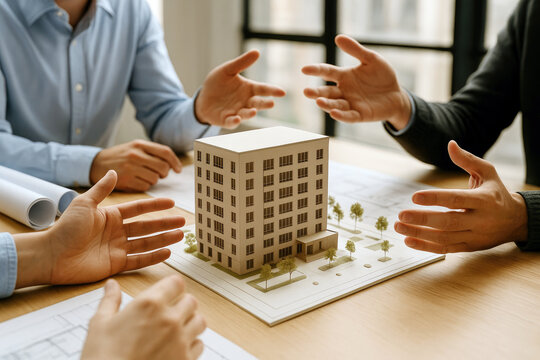 Architects discussing building model with blueprints architectural model building design