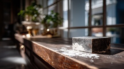 Stone block, bakery counter, sunlight, flour, interior