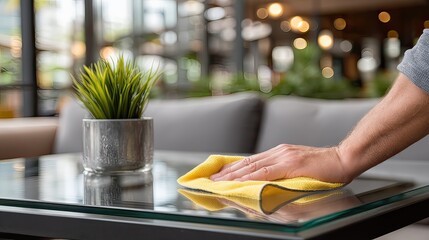 Restaurant worker cleaning glass table, cafe background