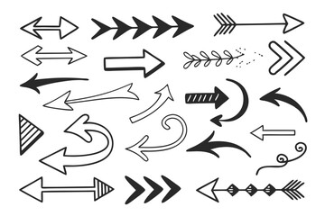 Hand-Drawn Vector Arrows Featuring Curved and Swirled Black Lines in Sketch Style. Creative Icons for Navigation UI Projects, Infographic Designs, and Visual Presentations.

