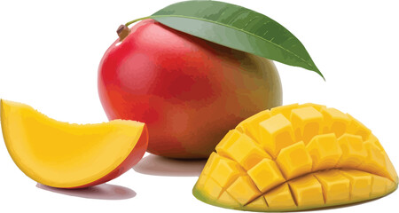 Fresh mango fruit slices and whole mango for healthy eating and recipe ideas
