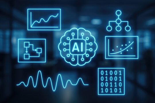 Artificial intelligence brain with data charts and binary code image