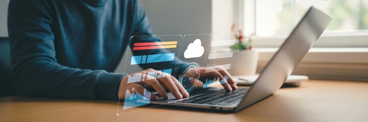 Person using laptop with overlayed digital interface.