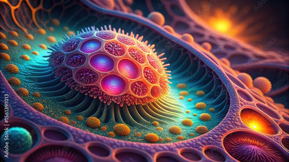 Poster detailed micrograph of cellular membrane structure with vibrant colors