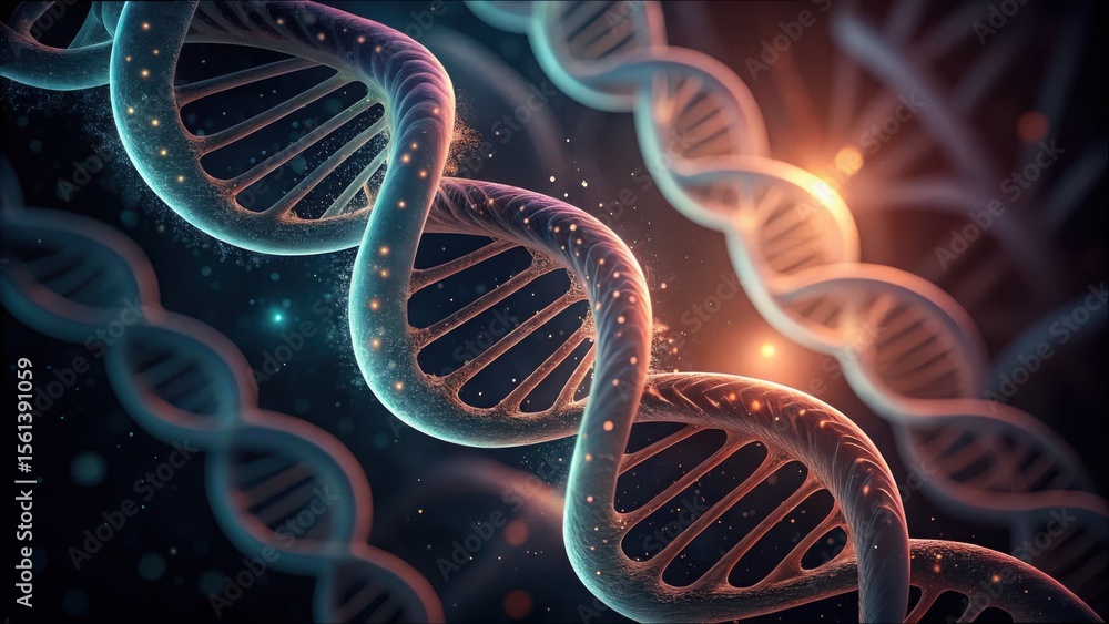 Poster twisting glowing rna strands in dark background with gigapixel quality