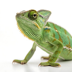 Obraz premium A chameleon is posing in a straightforward manner, isolated on a white background.