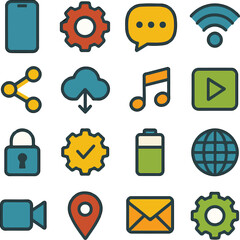 Collection of Modern Flat Icons Representing Technology and Digital Communication