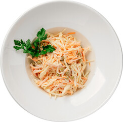 Delicious coleslaw salad in a white bowl, a fresh and healthy meal.