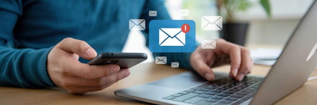 Person using a laptop and mobile phone with email notifications.