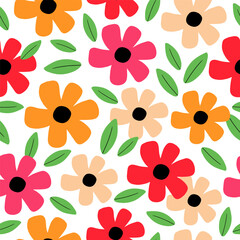 Seamless pattern with colorful flower. Cute hand drawn floral pattern for your fabric, summer background, wallpaper, backdrop, textile. Vector illustration