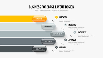 Visual Portfolio Slideshow Template Vector Illustration. Modern Briefing Five Element Infographic Presentation Design. Sales Campaign 5 Step Diagram Slide Layout.