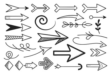 Vector Set of Hand-Drawn Arrow Icons Featuring Sketchy Curves and Zigzag Lines. Black Arrows for Navigation UI, Infographic Charts, and Presentation Layout Designs.

