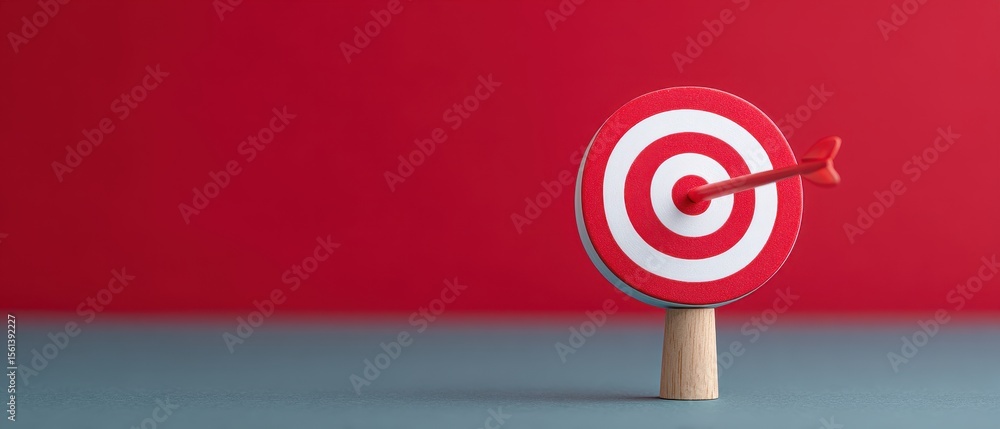 Poster red and white target with arrow on gray surface against red background
