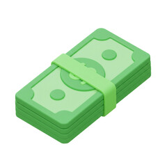Stylized green dollar bills stacked and banded with a green strap isolated on transparent background