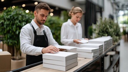 Greenhouse workers package products amidst plants