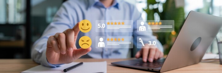 Hand interacting with customer feedback interface.