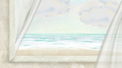 Seaview window computer wallpaper, cute illustration 4K background