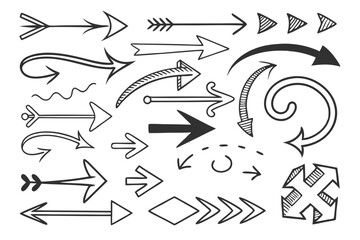 Hand-Drawn Arrows Set Featuring Circular and Zigzag Shapes. Black Vector Icons in Sketch Style for Infographic Templates, UI Navigation, and Graphic Design Presentations.


