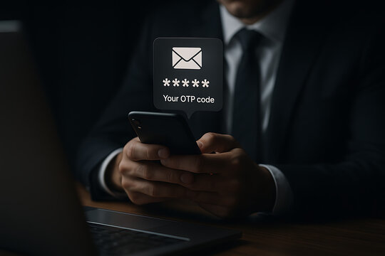 OTP code, two-factor authentication, secure login, cybersecurity, businessman with smartphone, mobile verification, email security, login authentication, 