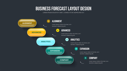 Visual Development 5 Element Diagram Slide Template. Enterprise Visualization Presentation Layout Vector Illustration. Service Portfolio Five Step Infographic Slideshow Design.