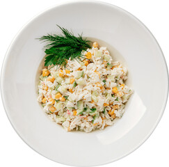 A vibrant crab salad, featuring corn, cucumber, and fresh herbs, beautifully presented in a white bowl.