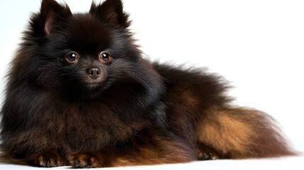 Obraz premium Black Pomeranian Dog on White Background Adorable Portrait of a Fluffy Pet.