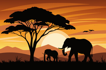 Fototapeta premium elephants in the sunset background vector file