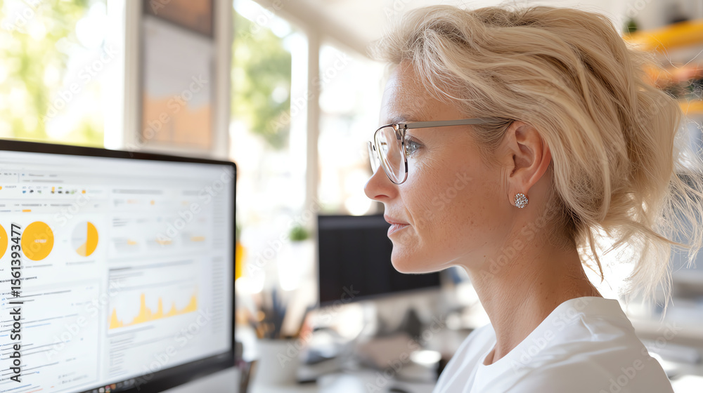 Poster a focused businesswoman analyzing data on a computer screen in a bright office setting, showcasing m