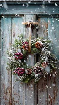 A charming winter wreath crafted from pine, berries, and cones hangs on a weathered wooden door. Soft snowflakes gently fall, creating a cozy, festive atmosphere.