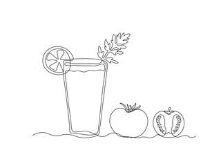 Abstract Bloody Mary cocktail and tomato.  continuous single line art drawing sketch, logo