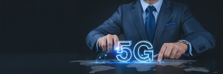 Businessperson interacts with a digital 5G network graphic.