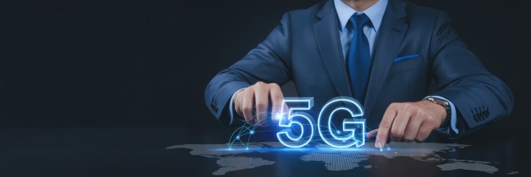 Businessperson interacts with a digital 5G network graphic. - Powered by Adobe