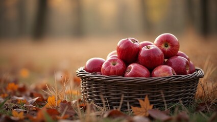 Red apples in basket on autumn background at sunset
