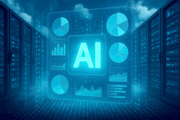 Glowing A I interface with data charts and server racks artificial intelligence graphs