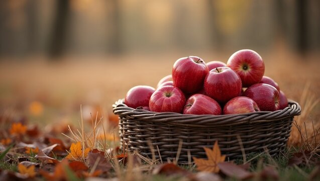Red apples in basket on autumn background at sunset